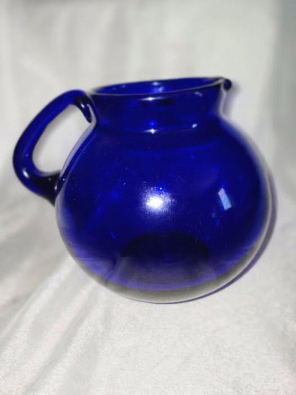 VTG Cobalt Blue Hand Blown Glass Pitcher w/ Handle 15"H Sticker can't read